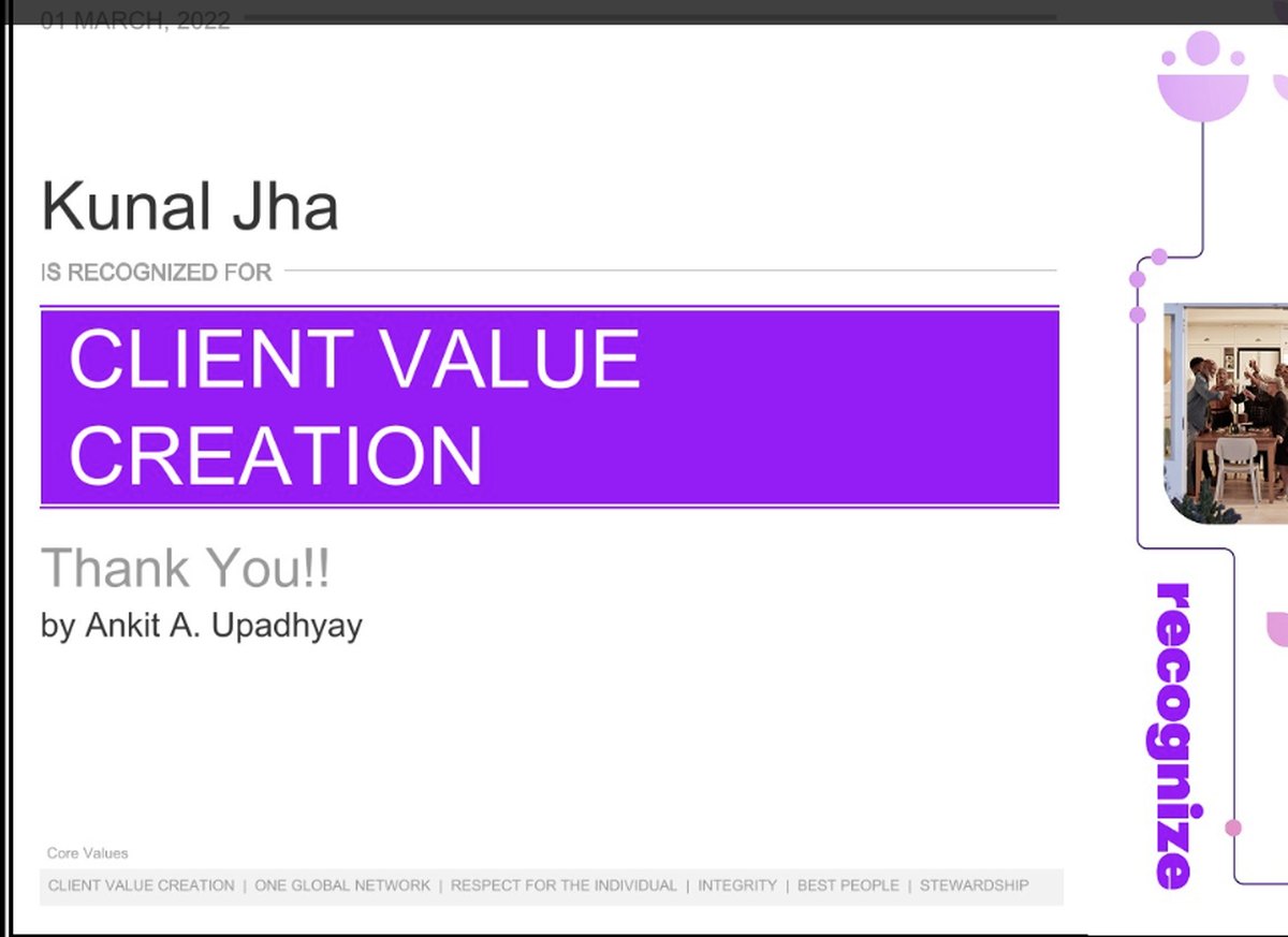 Accenture recognition card: Kunal Jha is recognised for Client Value Creation