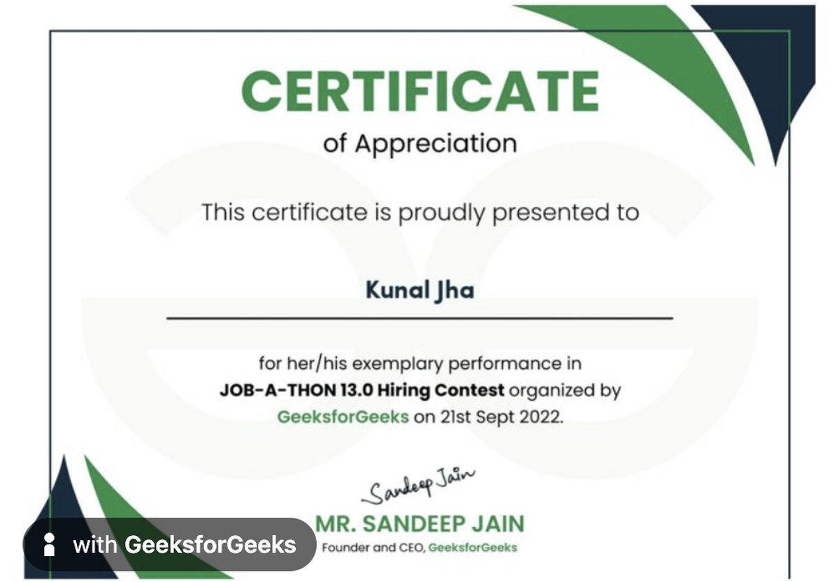 GeeksforGeeks certificate of appreciation for Job-A-Thon 13