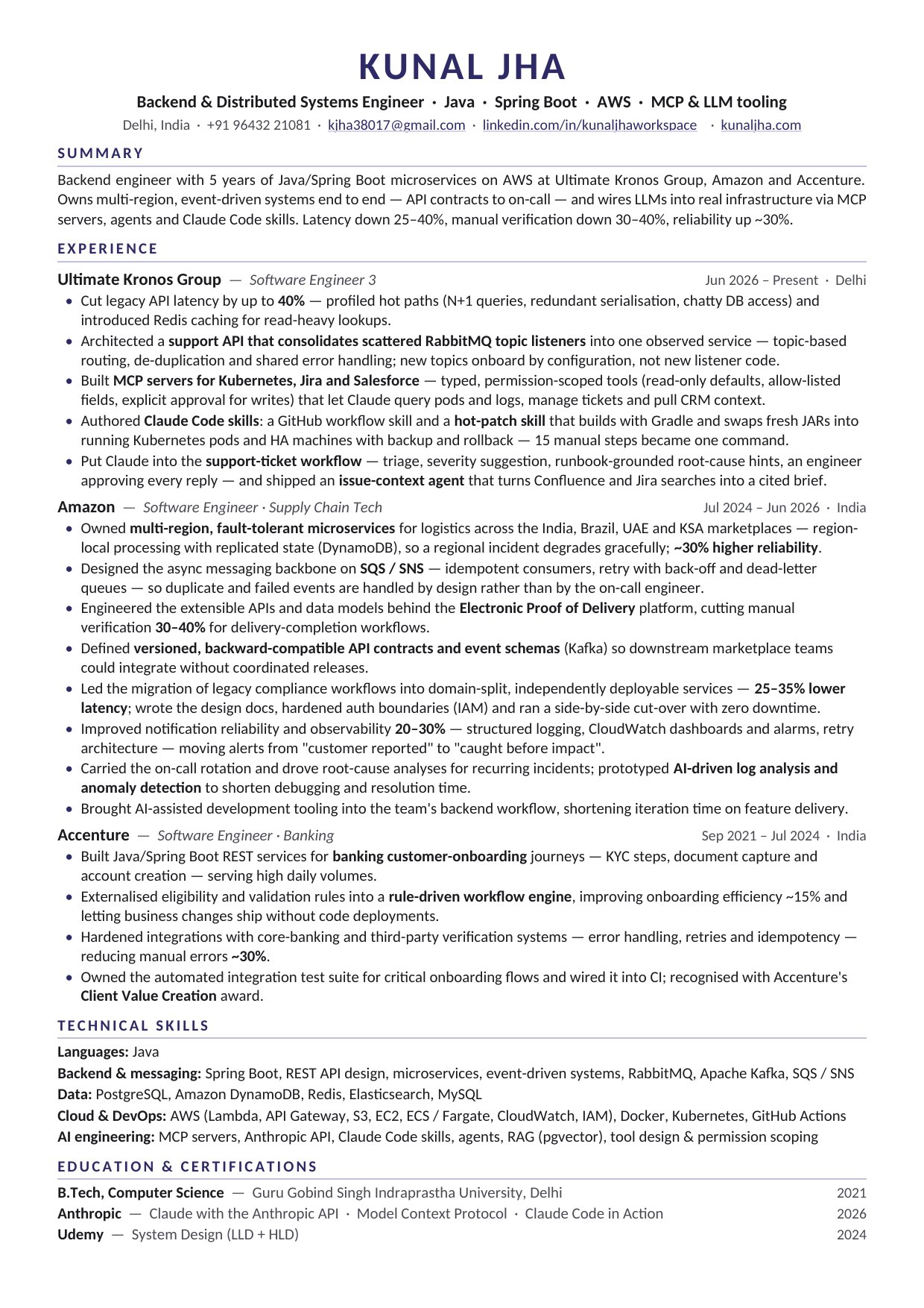 Kunal Jha's one-page resume