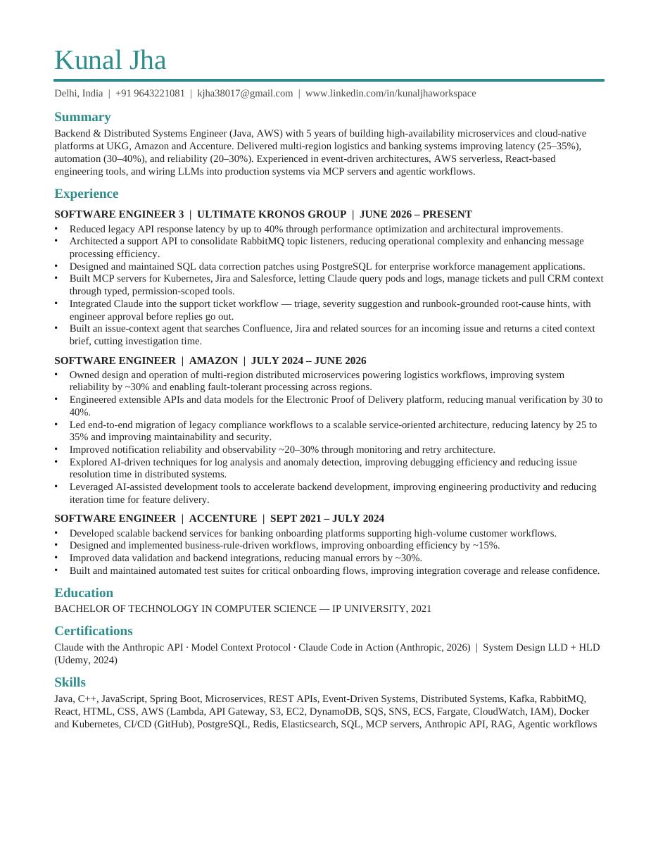 Preview of Kunal Jha's one-page resume
